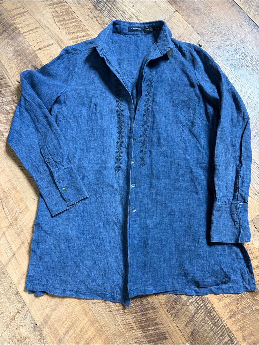 Schneider Indigo Blue Linen-Blend Women's Button Front Tunic Blouse